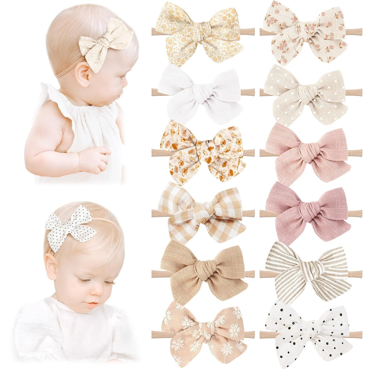 Handmade Hair Accessories: 12 Packs of Stretchy Nylon Headbands and Bows for Newborns, Infants, Toddler Girls